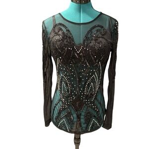 Venus Black Mesh Sequin Embellished Sheer Top Shirt Womens M Goth Glam Y2K